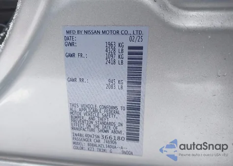 2025 Nissan Altima Sv Fwd from USA, damaged, VIN 1N4BL4DV2SN366180